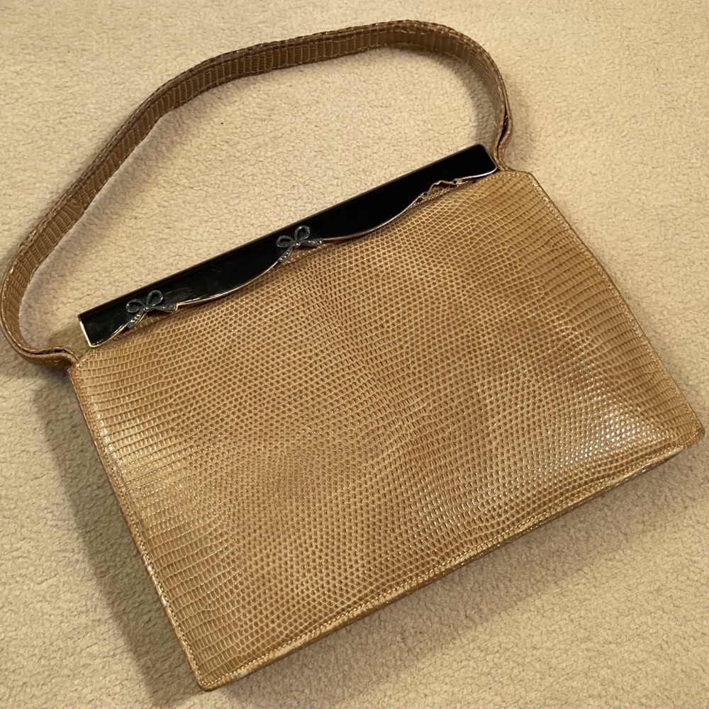 Koret French luxury co. camel lizard bag bronze jeweled bow closure and latch